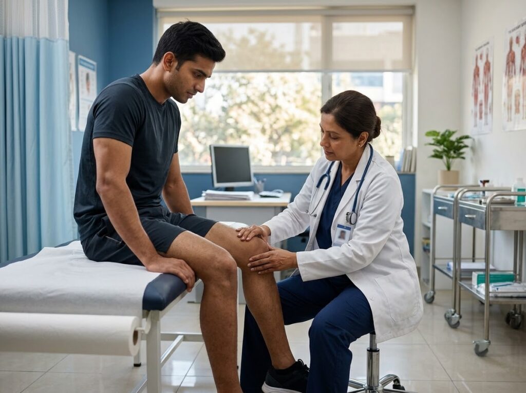 Athlete receiving knee examination