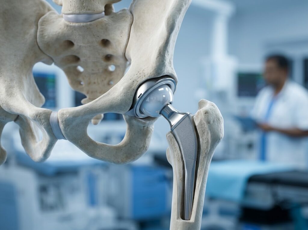 Hip joint with artificial implant