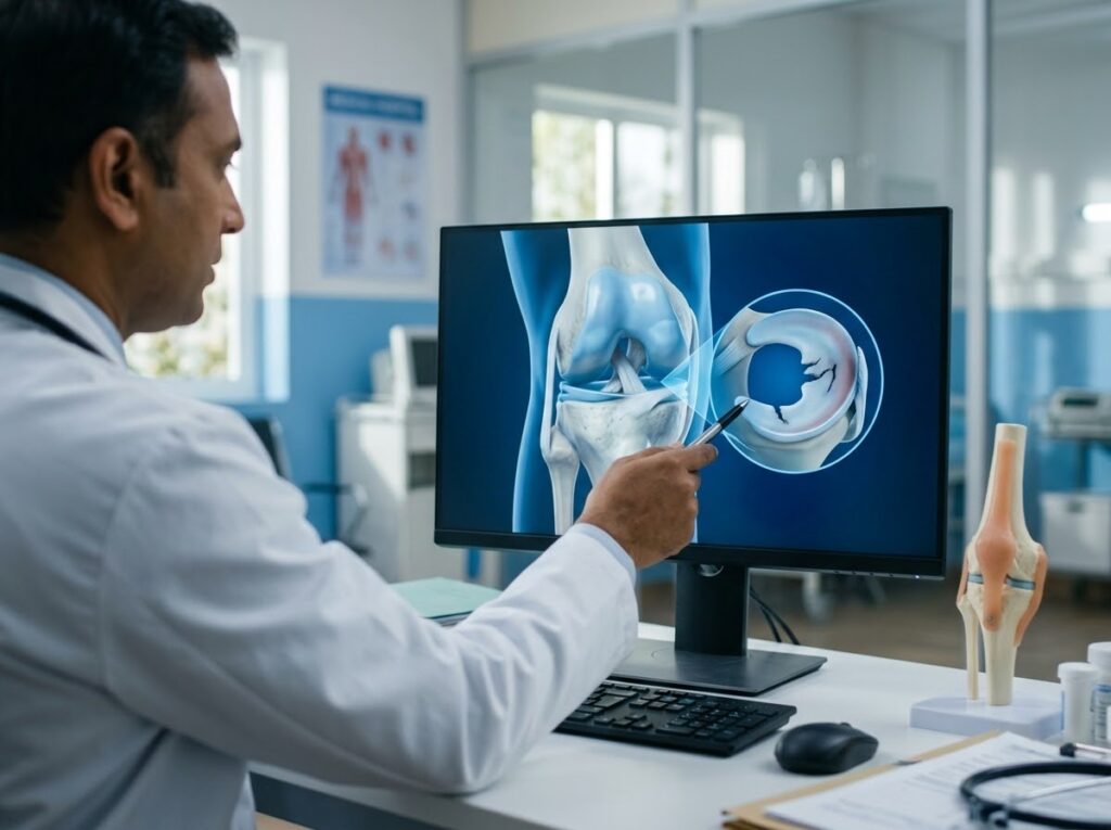 Knee joint showing torn meniscus