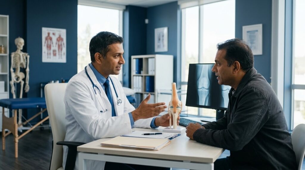 Surgeon consulting with patient