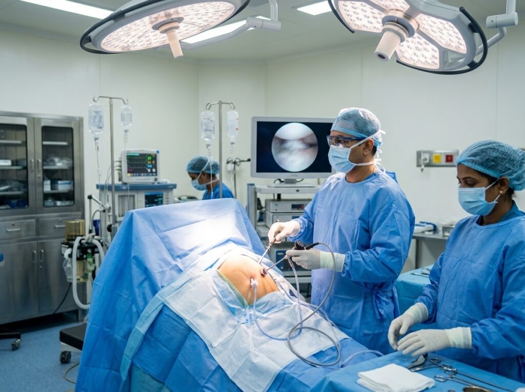 Surgeon performing shoulder arth