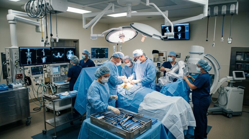 Surgical team operating in theatre