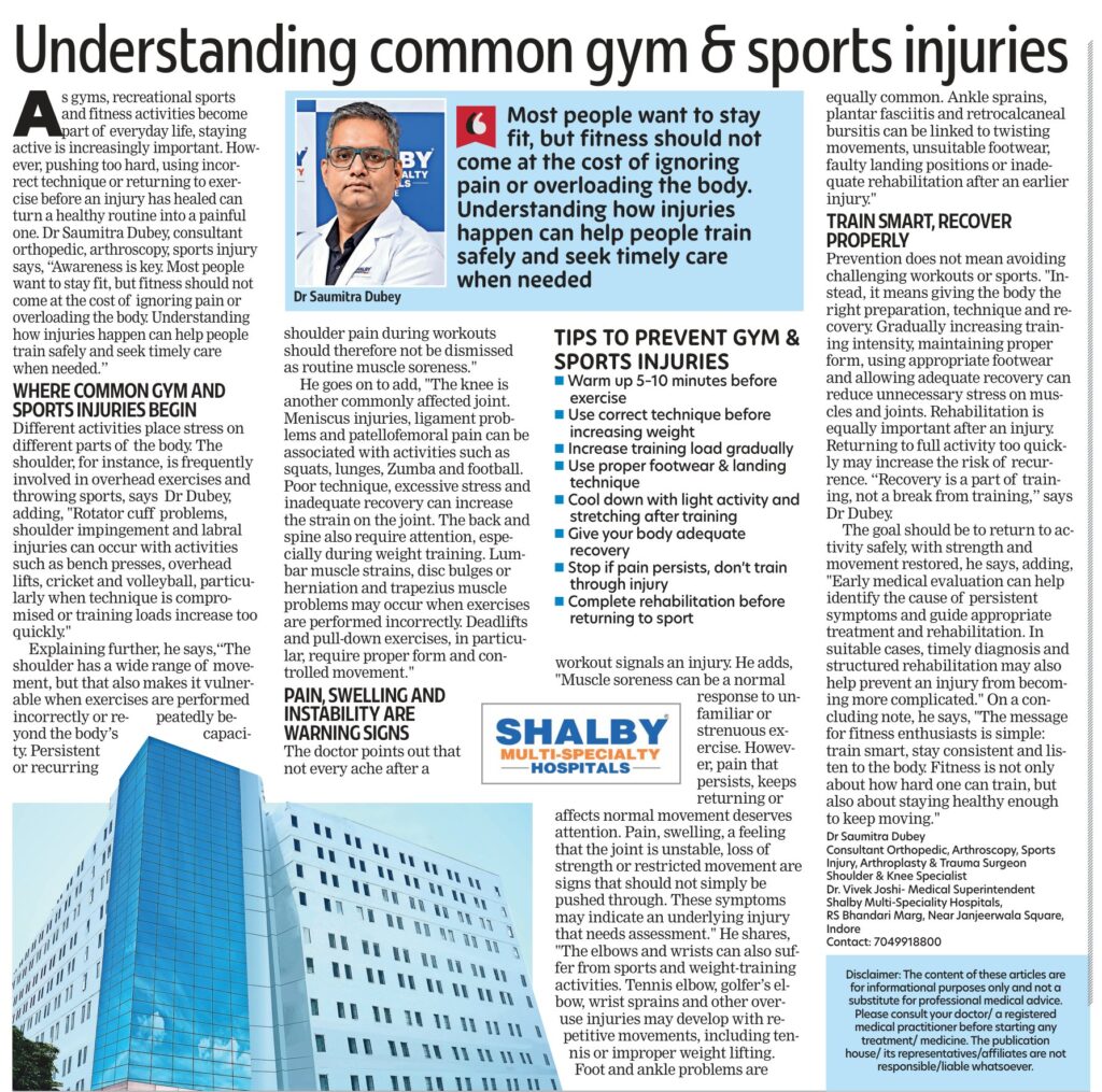 Indore Times, The Times of India feature by Dr. Saumitra Dubey on common gym and sports injuries